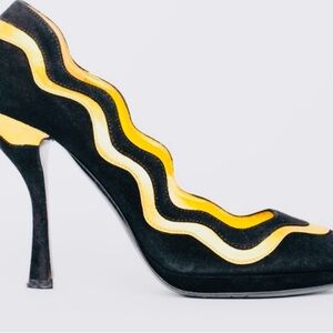 Prada Women's Black and Gold Suede Pumps Authentic